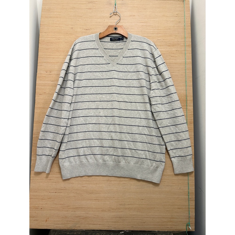 Nautica Mens XL V-Neck Sweater Gray Navy Blue Striped 100% Cotton Pullover